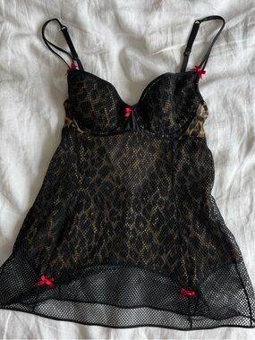 Victoria's Secret Black Fishnet & Leopard Chemise with Red Bows